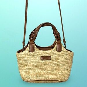 Rosetti Straw and Brown Faux Leather Top handle Crochet Crossbody Strap Handbag